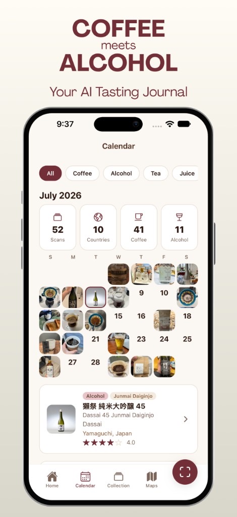 Tasting calendar with drink photos and monthly stats
