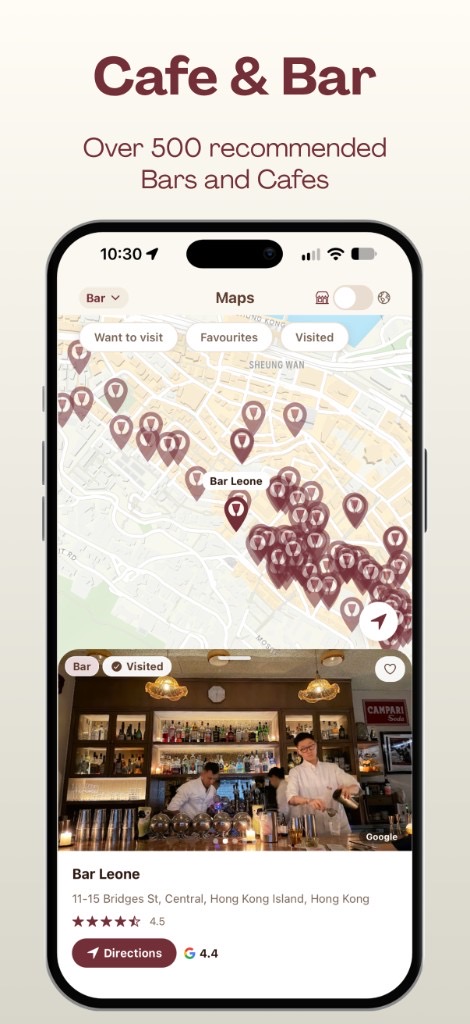 Places map with recommended cafes and bars